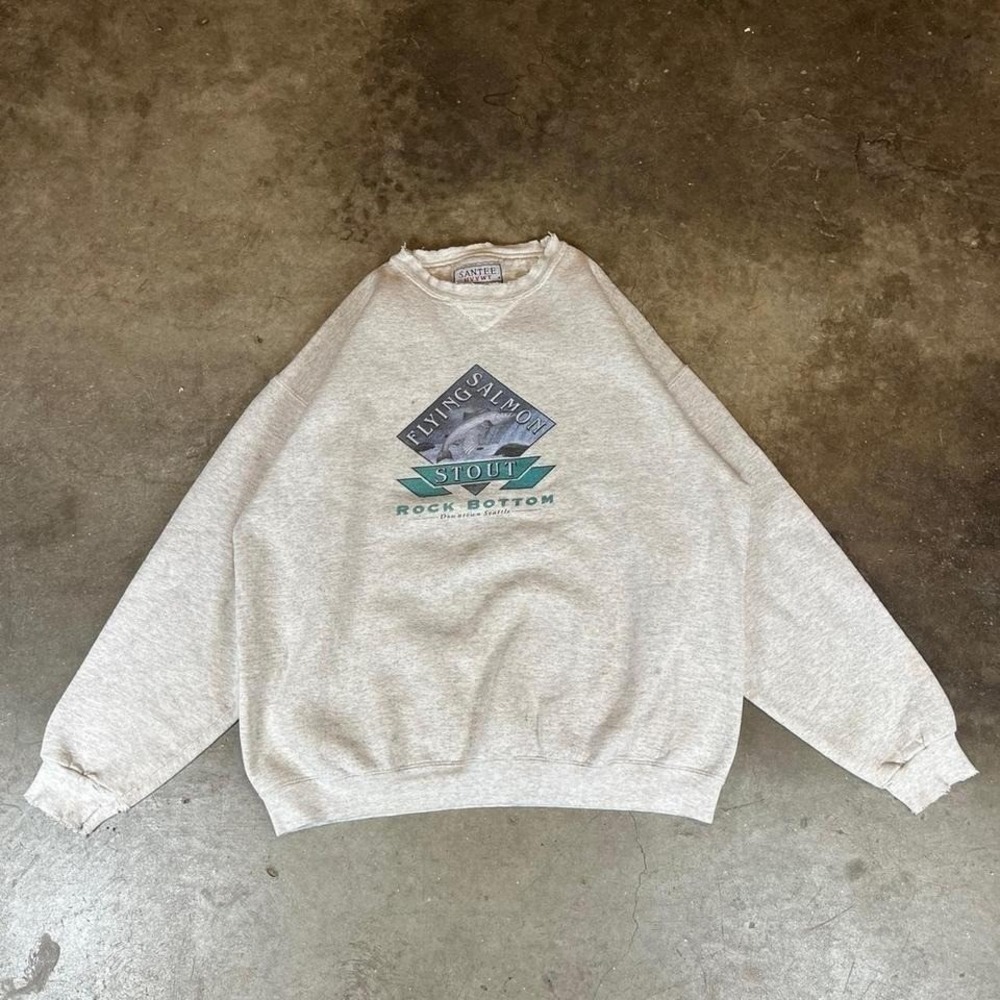 Vintage 90s made in USA Flying Salmon Stout grey crewneck sweatshirt Men's Large